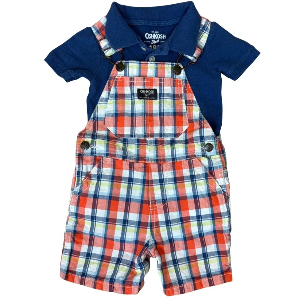 OshKosh B'Gosh Bundle Size 18M Orange Plaid Vestbak Shortalls Blue Polo Bodysuit